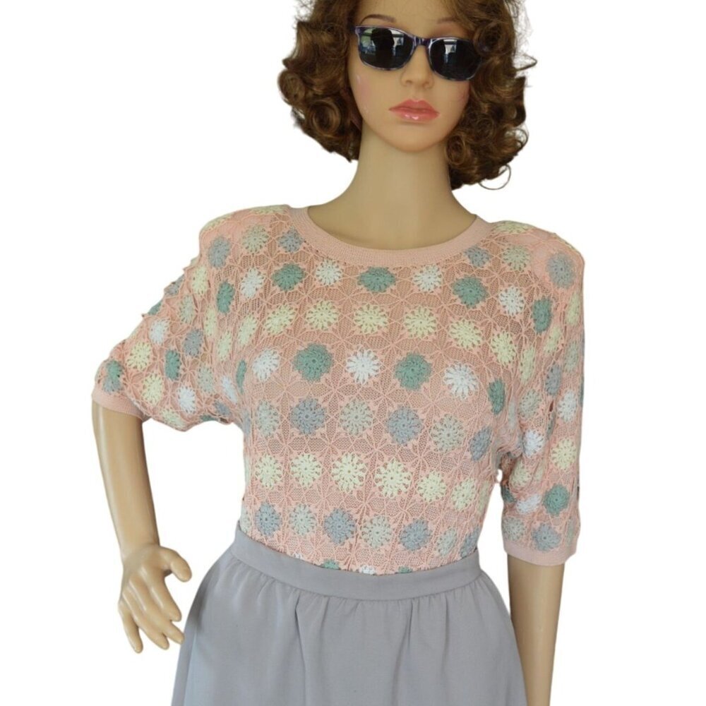 Vintage 80s Gimo's Pastel Crochet Blouse Peach Yellow Green Size M Grannycore